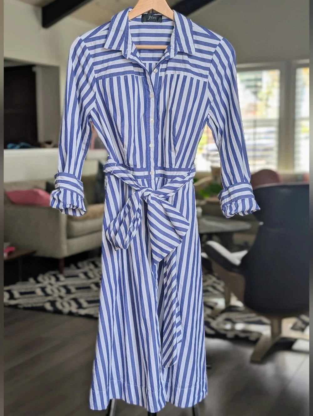 J. Crew Cotton Blue & White Striped Button-Front Shirt Dress Size 8 - Classic!